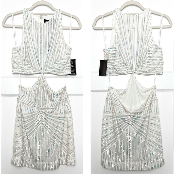 NWT RETROFETE Hand Stitched Iridescent Sequin Geo Cutout Sleeveless Mini Dress M - Picture 4 of 8
